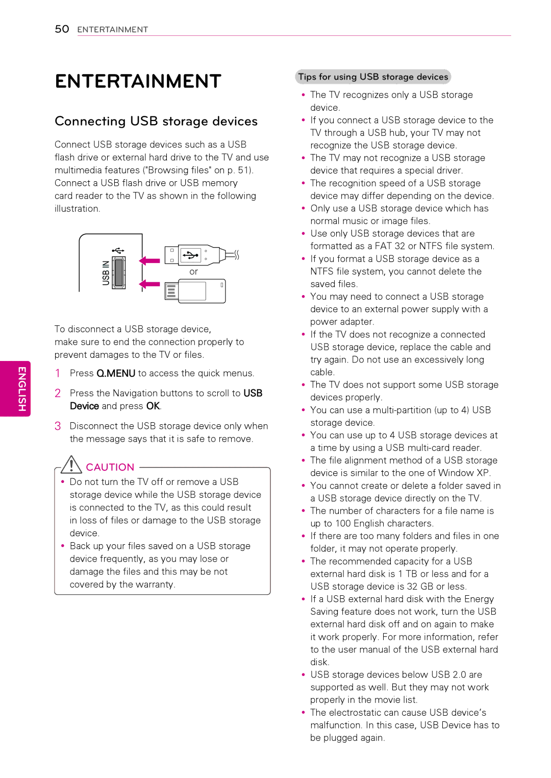 LG Electronics 60PA550C, 60PA6550, 50PA4500, 42PA450C, 42PA4500, 50PA550C Entertainment, Connecting USB storage devices 