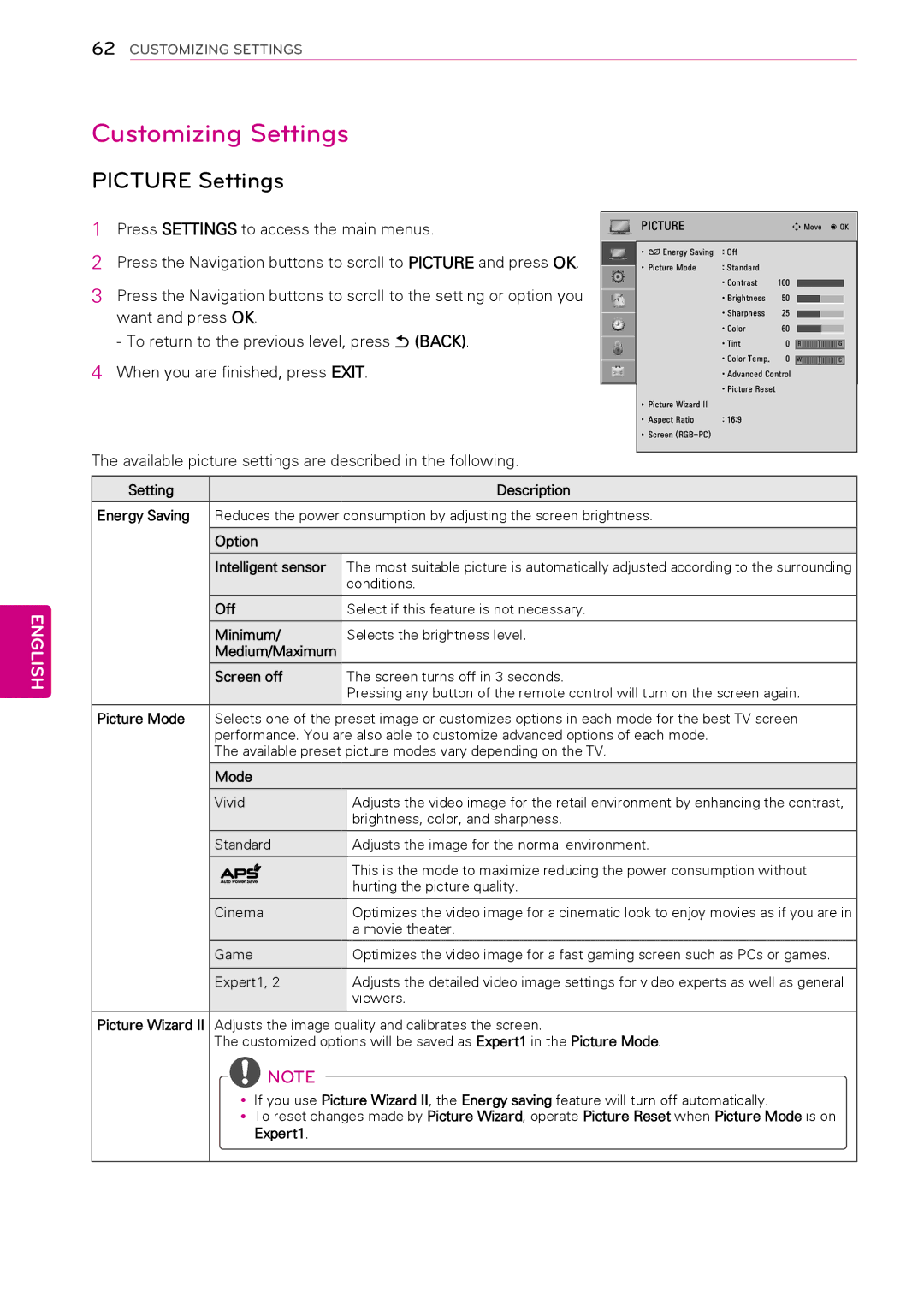 LG Electronics 50PA4500, 60PA550C, 60PA6550, 42PA450C, 42PA4500, 50PA550C, 50PA4900 Customizing Settings, Picture Settings 