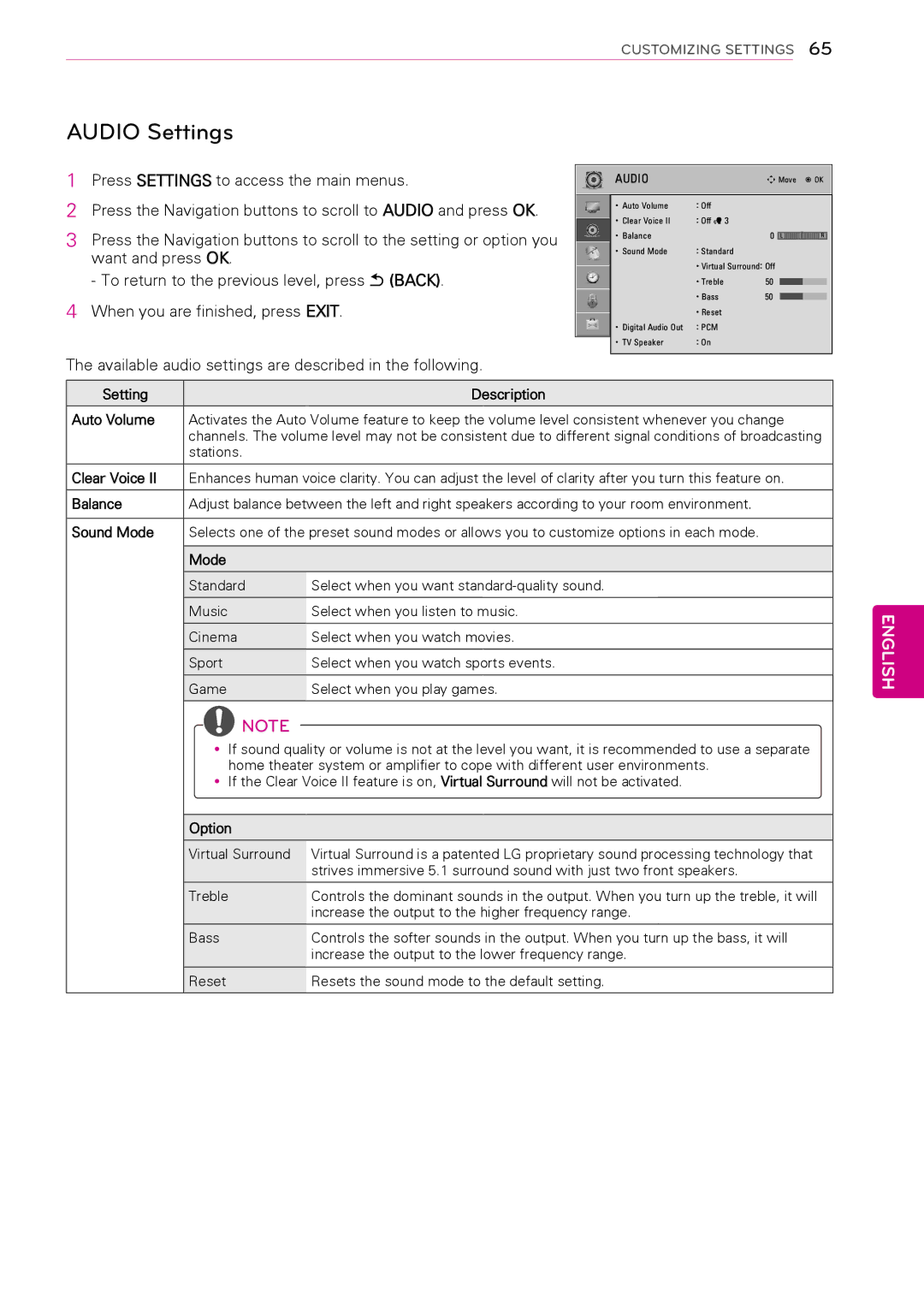 LG Electronics 50PA550C, 60PA550C, 60PA6550 Audio Settings, Available audio settings are described in the following 