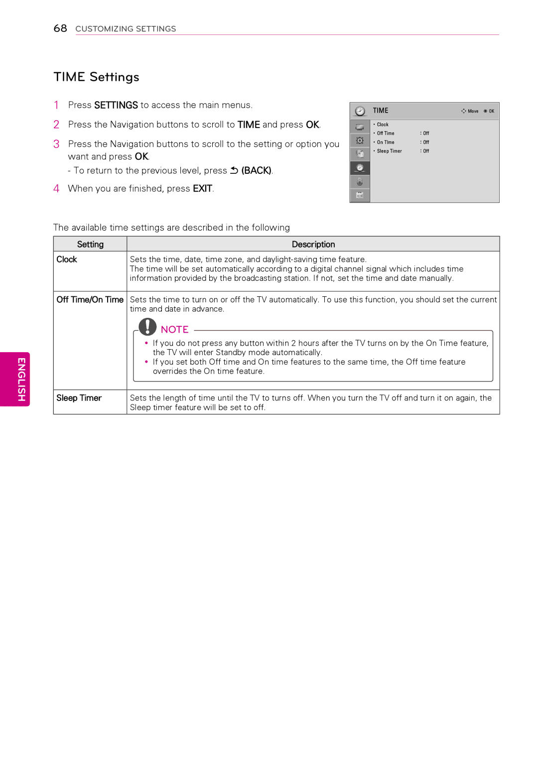 LG Electronics 50PA4510 Time Settings, Available time settings are described in the following, Setting Description Clock 