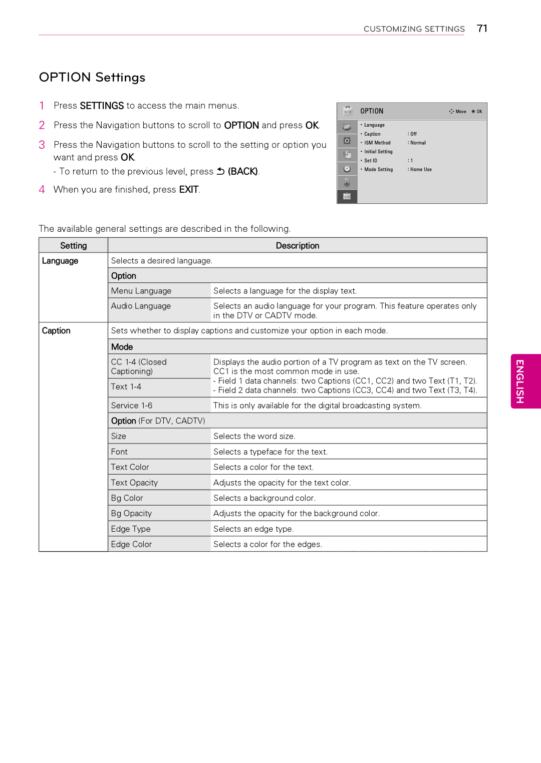 LG Electronics 60PA6550, 60PA550C, 50PA4500 Option Settings, Available general settings are described in the following 