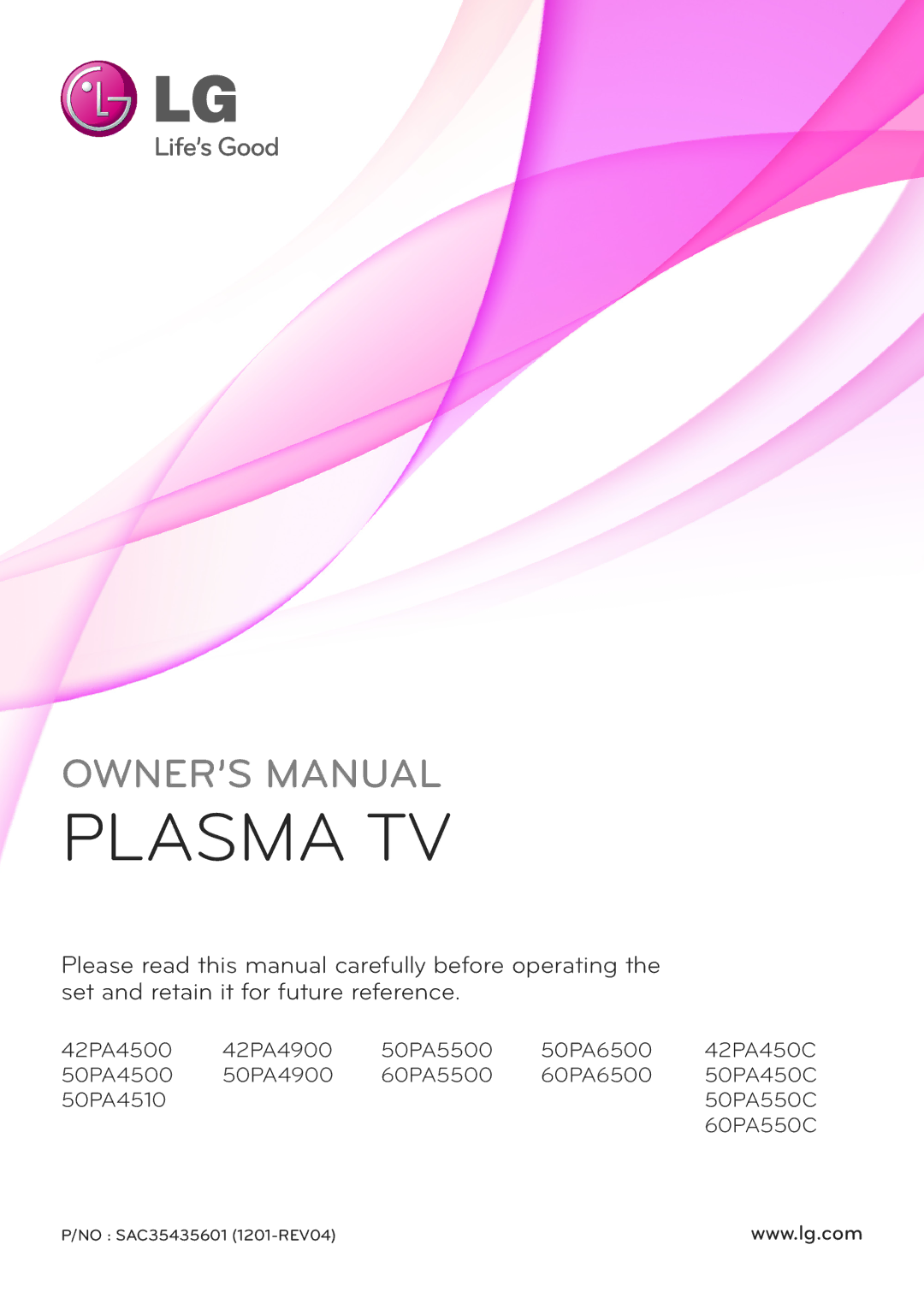 LG Electronics 60PA5500, 60PA6500, 60PA550C, 50PA450C, 42PA450C, 42PA4900, 42PA4500, 50PA550C, 50PA5500 owner manual Plasma TV 