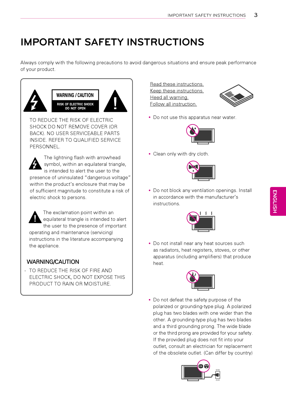 LG Electronics 50PA450C, 60PA6500, 60PA5500, 60PA550C, 42PA450C, 42PA4900, 42PA4500, 50PA550C Important Safety Instructions 