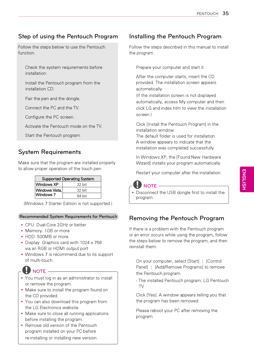 LG Electronics 60PA550C System Requirements, Removing the Pentouch Program, Supported Operating System Windows XP 