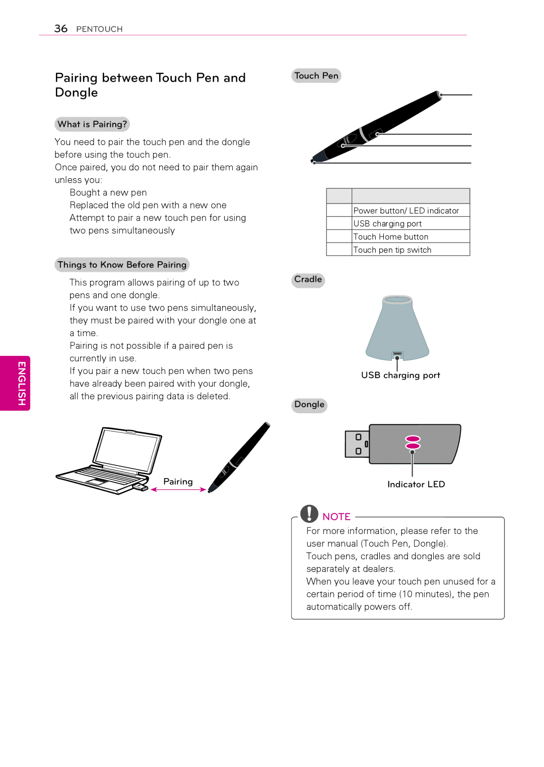 LG Electronics 50PA450C, 60PA6500, 60PA5500 Pairing between Touch Pen and Dongle, Cradle USB charging port Dongle Pairing 