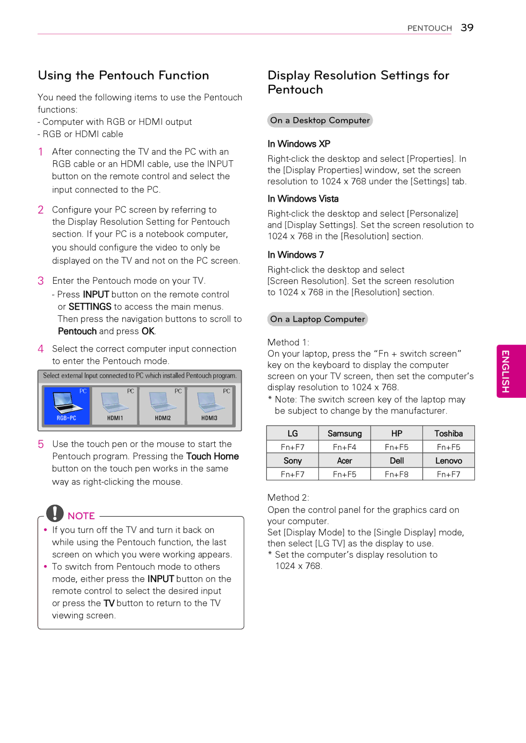 LG Electronics 42PA4500 Using the Pentouch Function, Display Resolution Settings for Pentouch, Windows XP, Windows Vista 