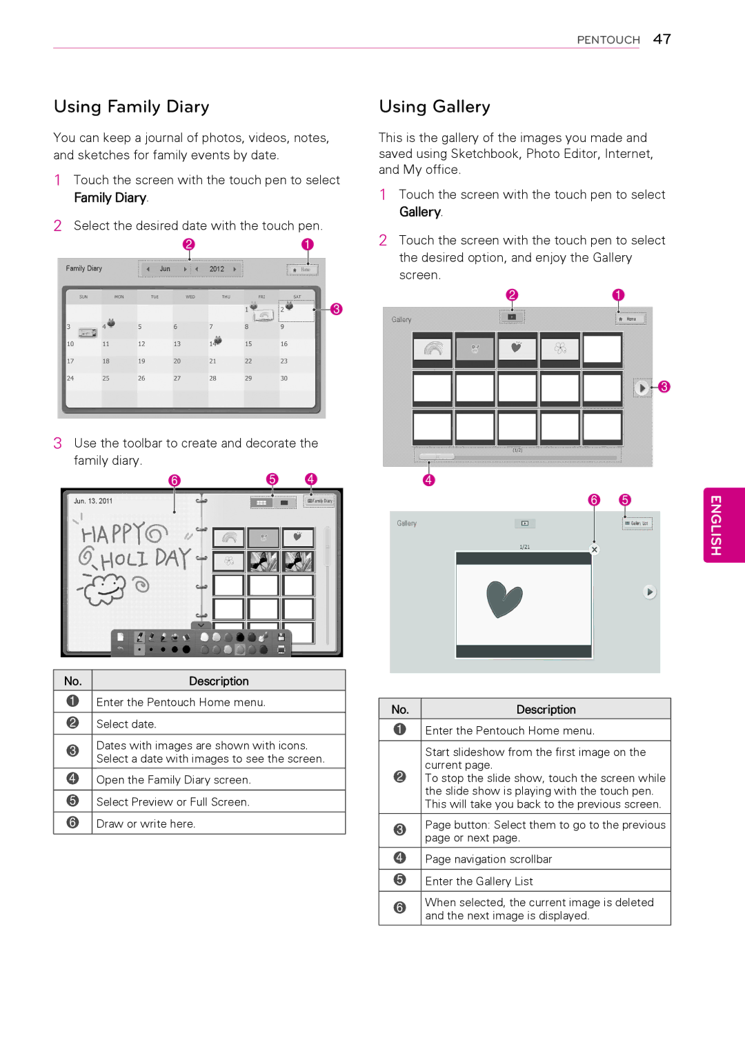 LG Electronics 50PA450C Using Family Diary, Using Gallery, Use the toolbar to create and decorate the family diary 