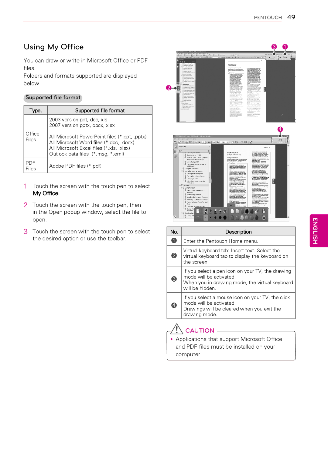 LG Electronics 42PA4900, 60PA6500, 60PA5500, 60PA550C, 50PA450C, 42PA450C, 42PA4500 Using My Office, Type Supported file format 