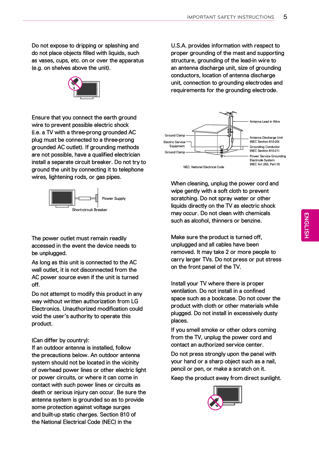 LG Electronics 42PA4900 Antenna grounding according to the National, YyGrounding, YyCleaning, YyMoving, YyVentilation 