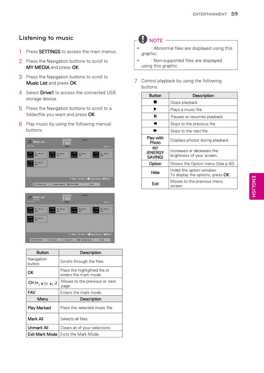 LG Electronics 42PA450C, 60PA6500, 60PA5500, 60PA550C Listening to music, MY Media and press OK, Music List and press OK 