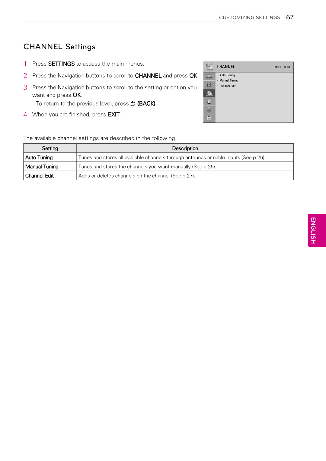 LG Electronics 60PA5500, 60PA6500, 60PA550C Channel Settings, Available channel settings are described in the following 