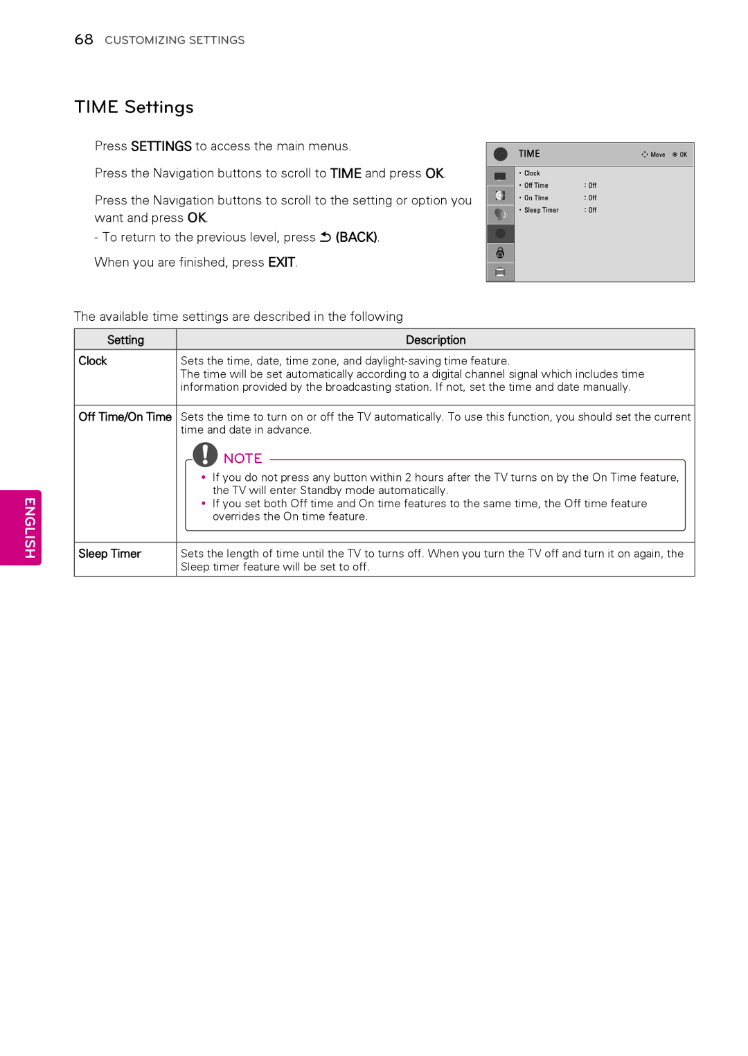 LG Electronics 60PA550C Time Settings, Available time settings are described in the following, Setting Description Clock 