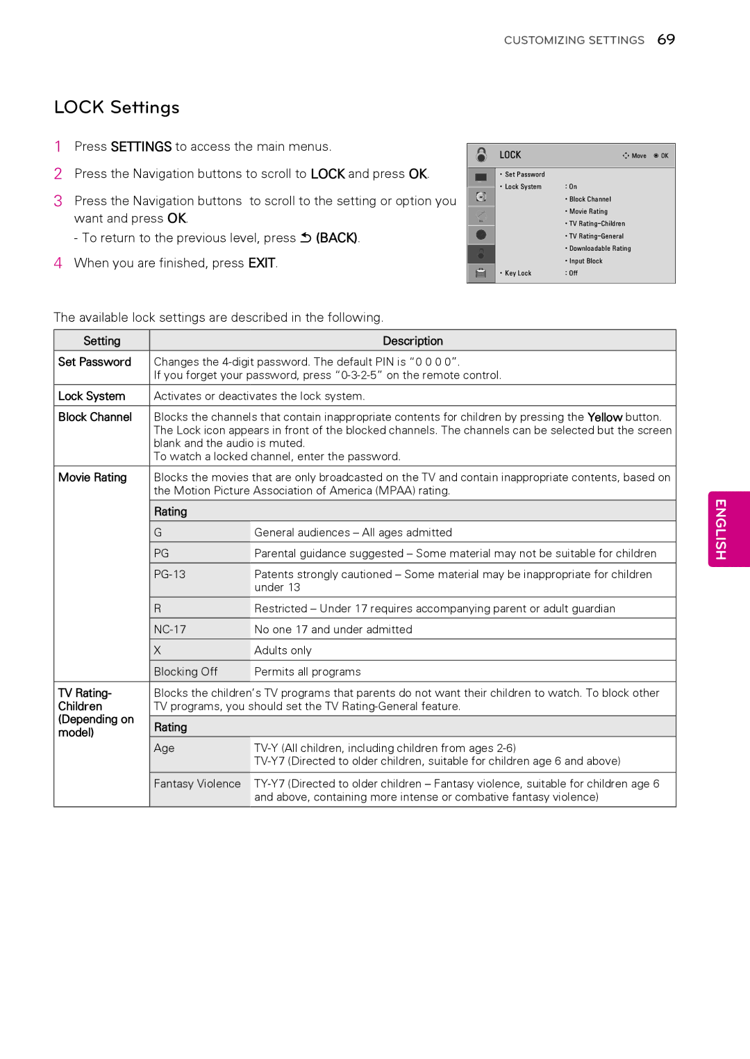 LG Electronics 50PA450C, 60PA6500, 60PA5500, 60PA550C Lock Settings, Available lock settings are described in the following 