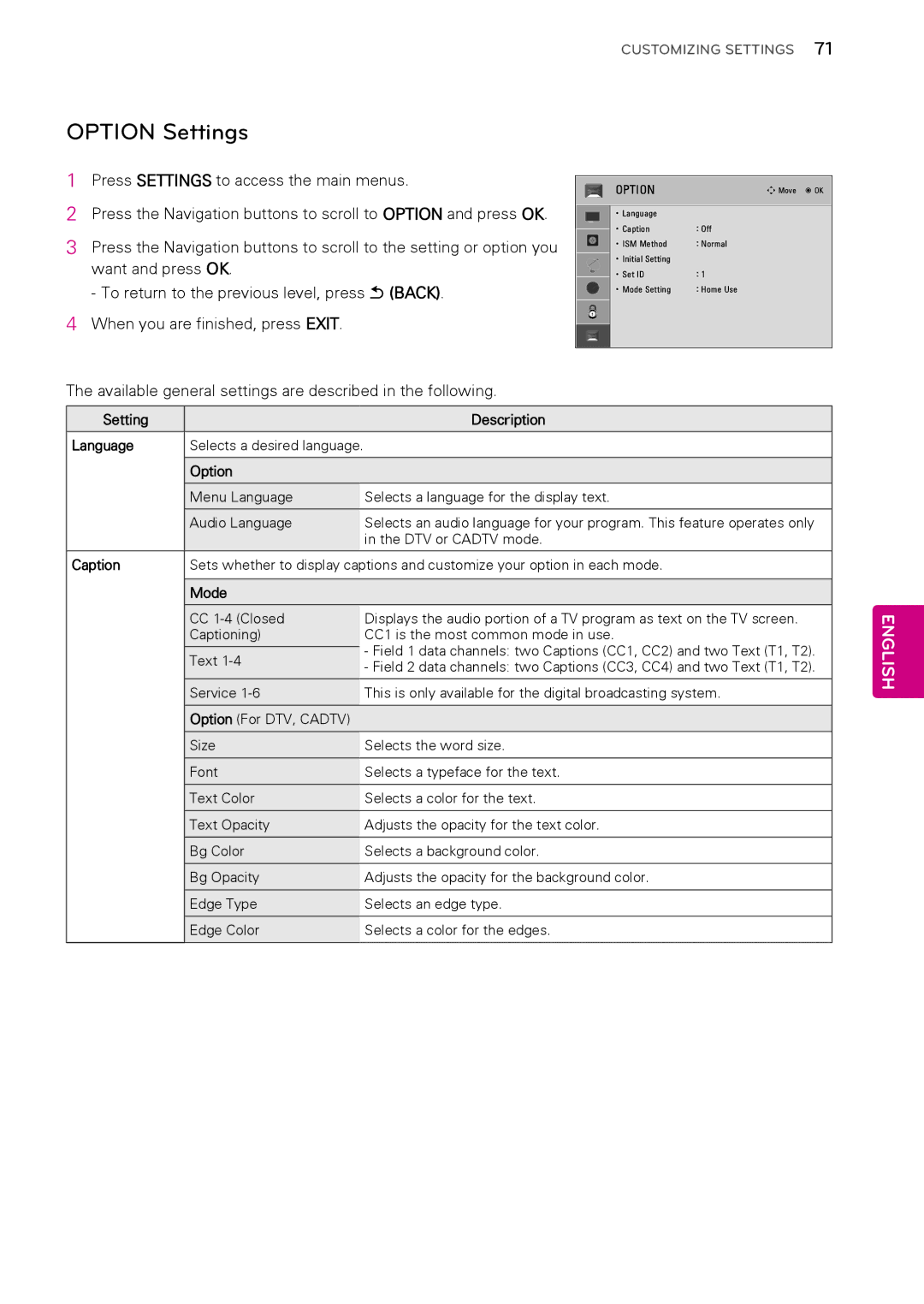 LG Electronics 42PA4900, 60PA6500, 60PA5500 Option Settings, Available general settings are described in the following 