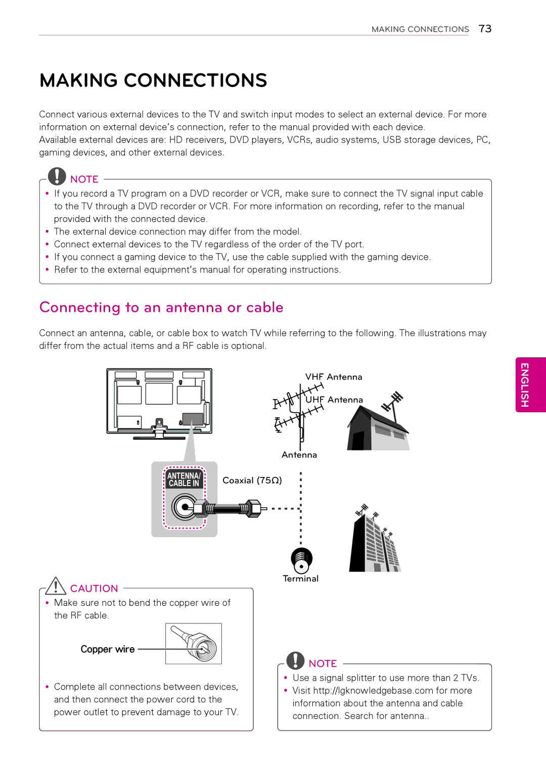 LG Electronics 50PA550C, 60PA6500, 60PA5500, 60PA550C Making Connections, Connecting to an antenna or cable, Copper wire 