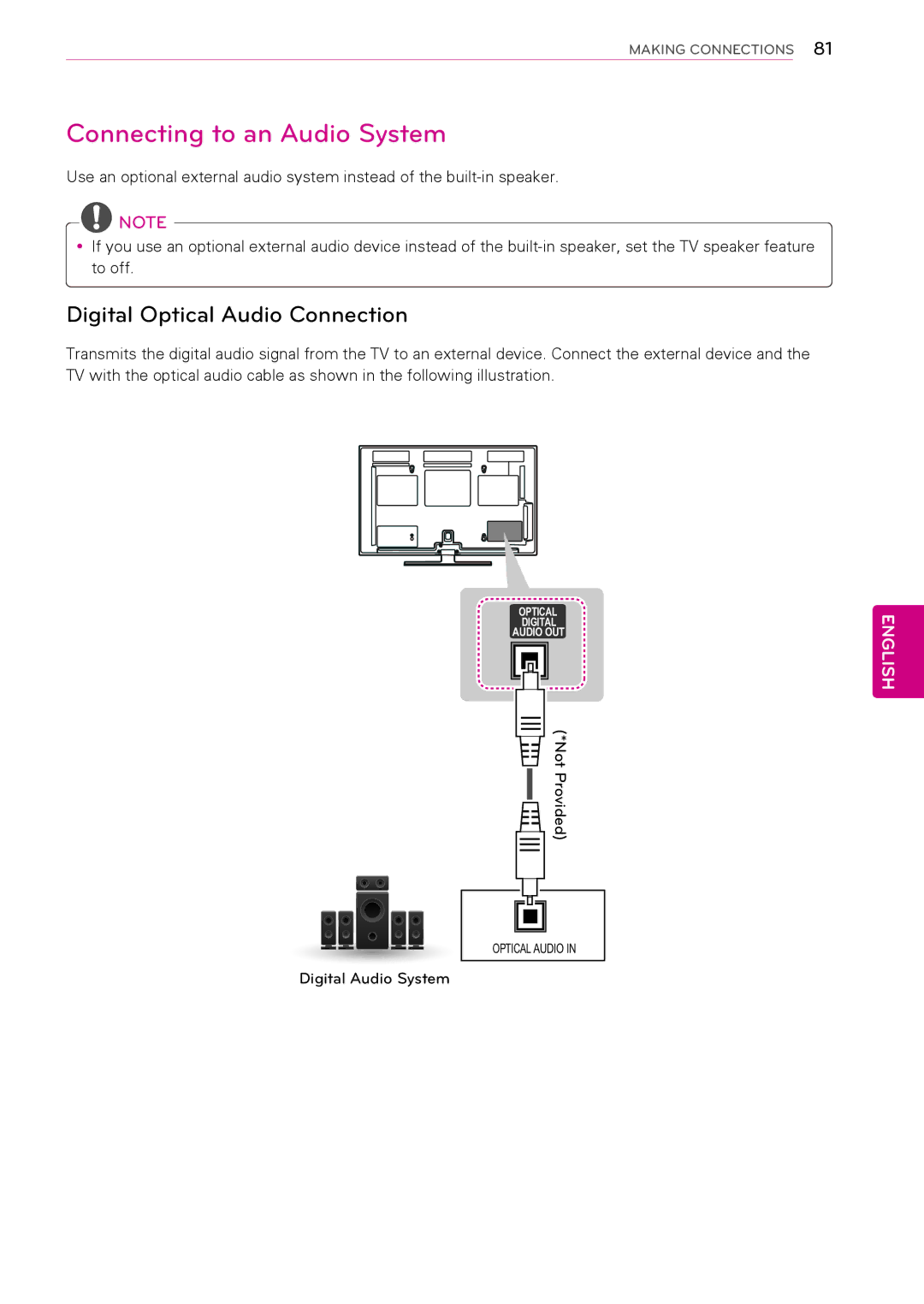 LG Electronics 42PA450C, 60PA6500 Connecting to an Audio System, Digital Optical Audio Connection, Digital Audio System 