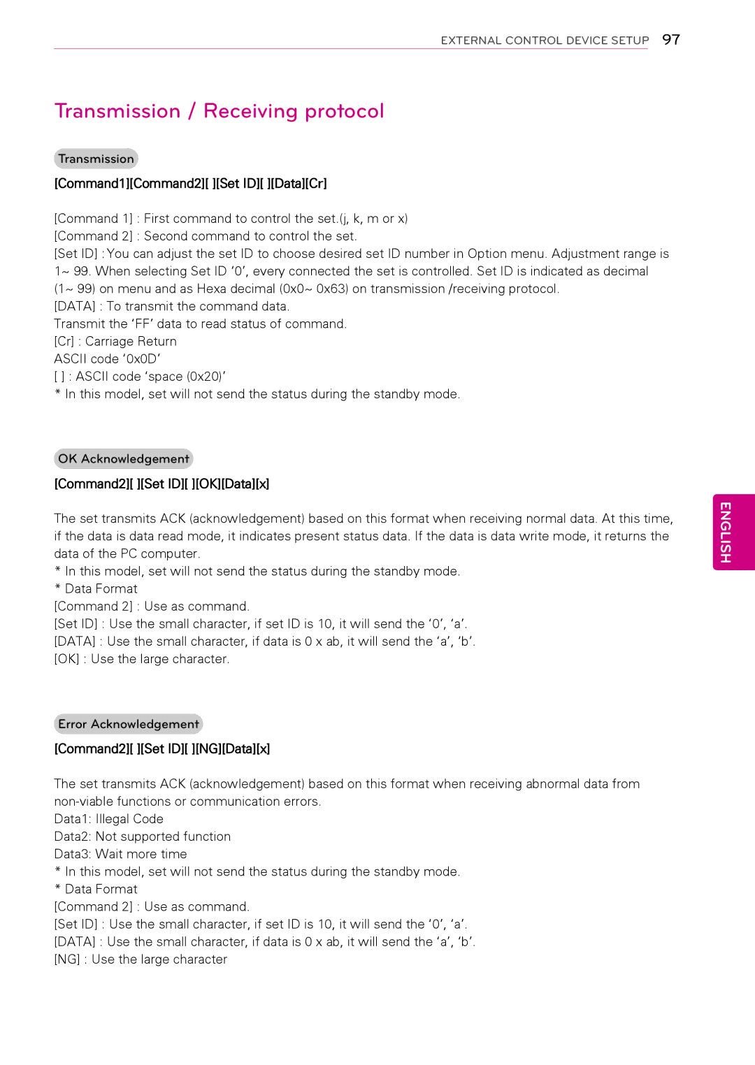 LG Electronics 50PA4900 Transmission / Receiving protocol, Command1Command2 Set ID DataCr, Command2 Set ID OKDatax 