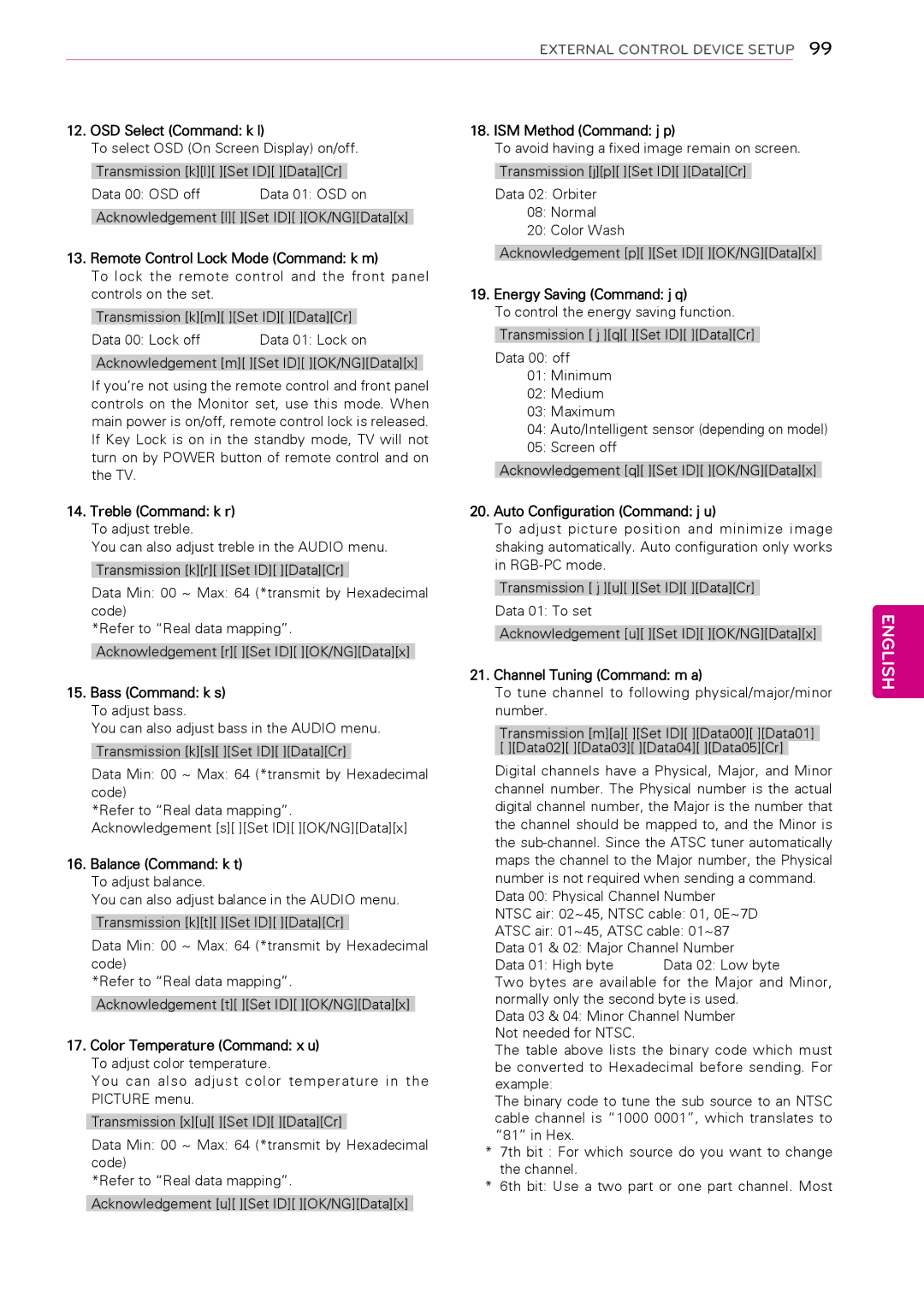 LG Electronics 60PA6500, 60PA5500 OSD Select Command k l ISM Method Command j p, Remote Control Lock Mode Command k m 