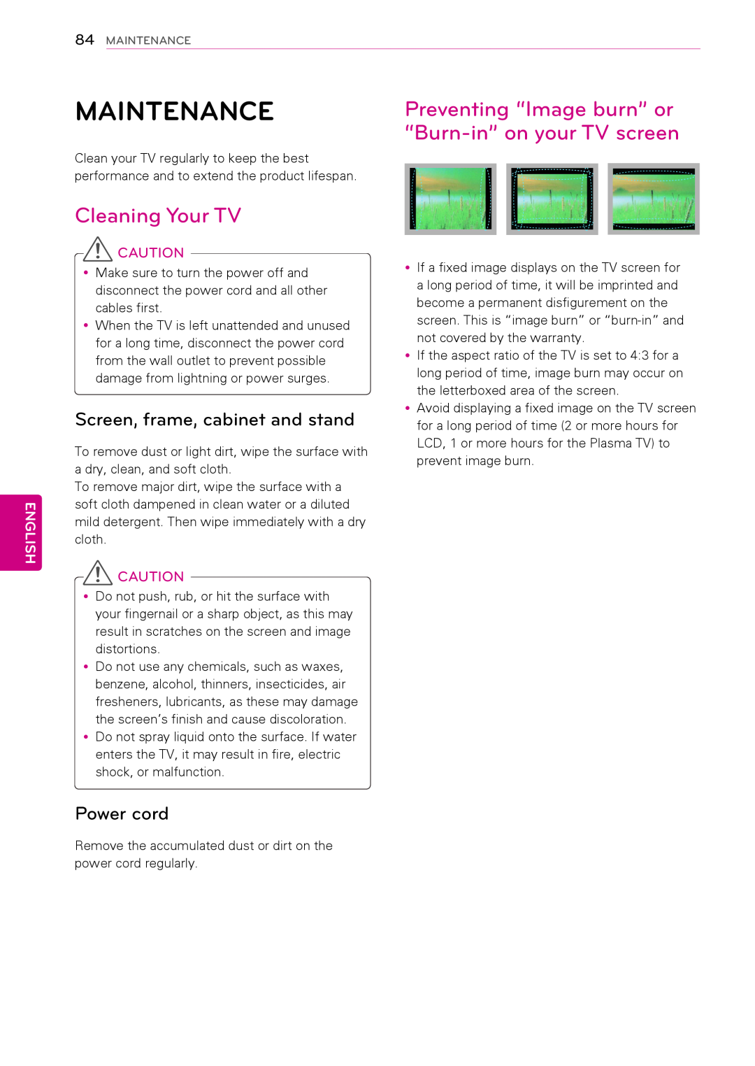 LG Electronics 50PA550C Preventing “Image burn” or, “Burn-in” on your TV screen, Cleaning Your TV, Power cord, Maintenance 