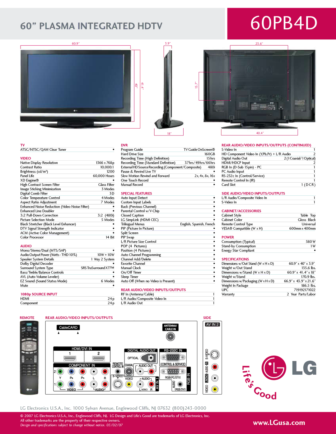 LG Electronics 60PB4D manual Dvr, Power, Remote Rear AUDIO/VIDEO INPUTS/OUTPUTS Side 