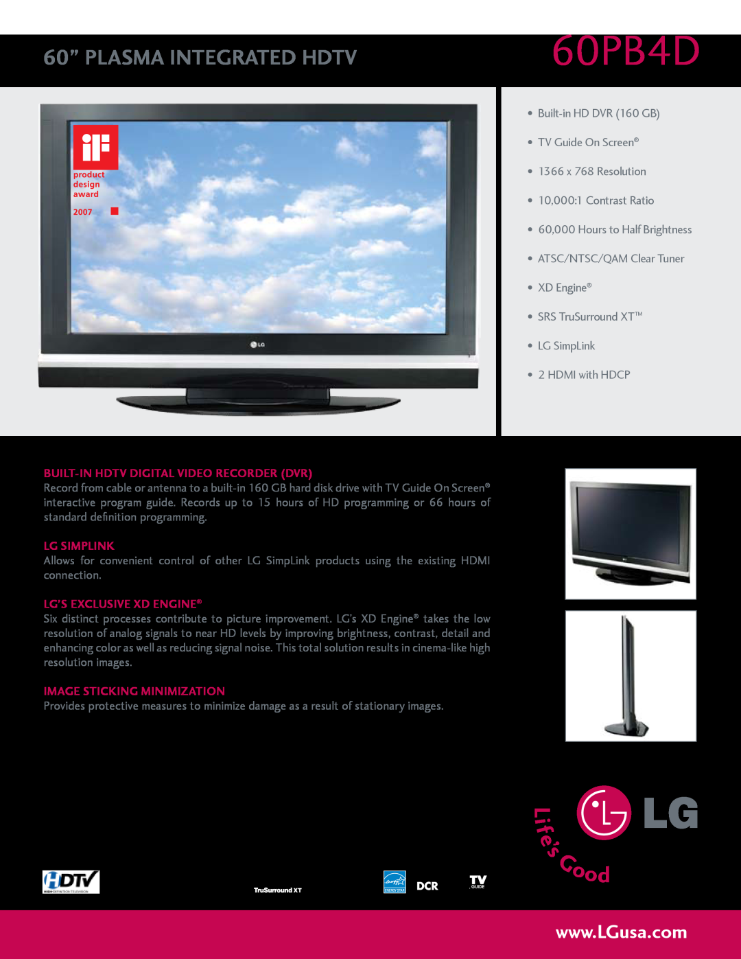 LG Electronics 60PB4D manual 60” PLASMA INTEGRATED HDTV, BUilt-in HDTV DIgital video recorder dvr, Lg Simplink 
