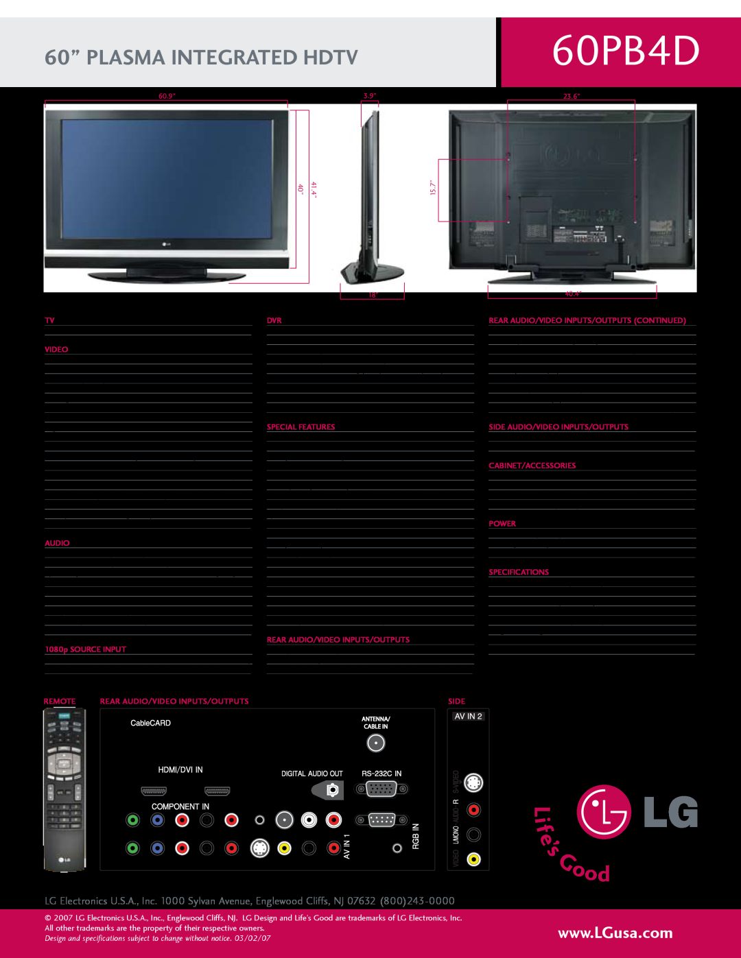 LG Electronics 60PB4D 60” PLASMA INTEGRATED HDTV, Design and specifications subject to change without notice. 03/02/07 