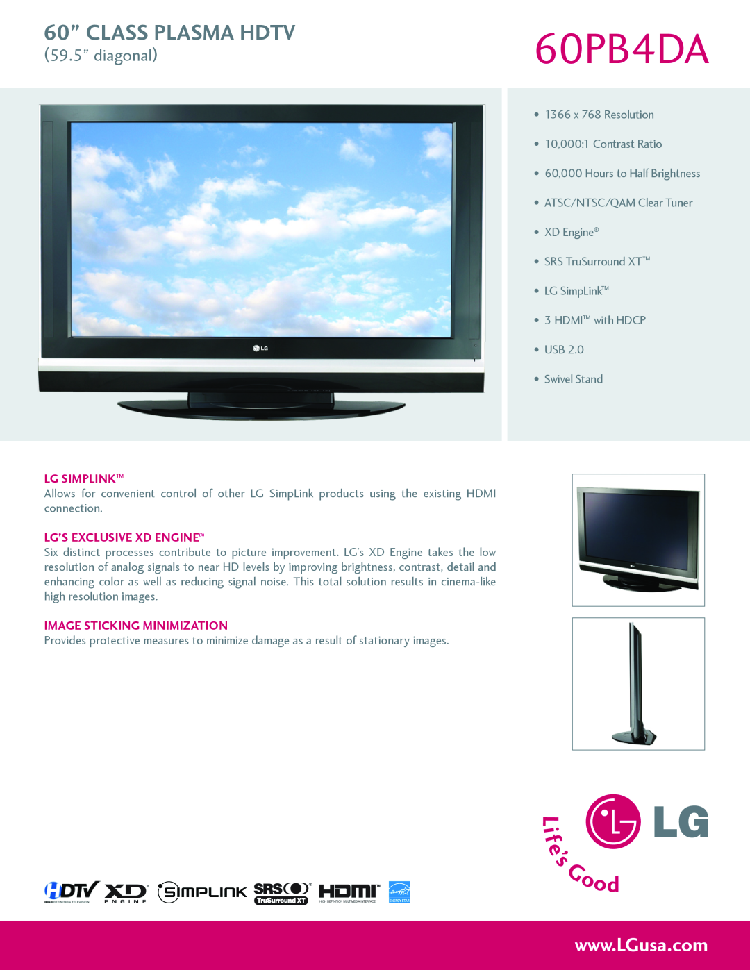 LG Electronics 60PB4DA manual 60” CLASS PLASMA HDTV, 59.5” diagonal, Lg Simplink, LG’s Exclusive XD Engine 