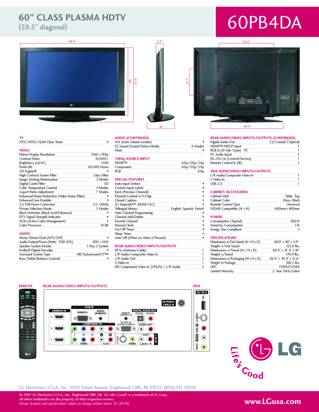 LG Electronics 60PB4DA manual 60” CLASS PLASMA HDTV, 59.5” diagonal 