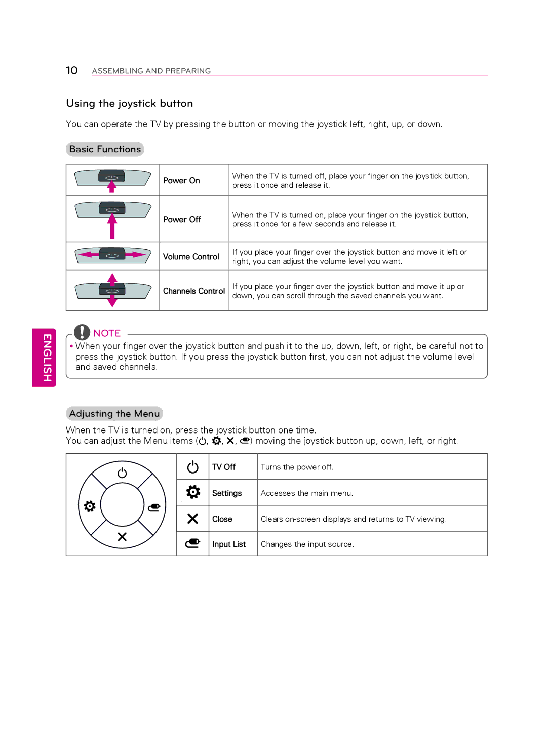 LG Electronics 60PB5600 owner manual Using the joystick button, Basic Functions, Adjusting the Menu 