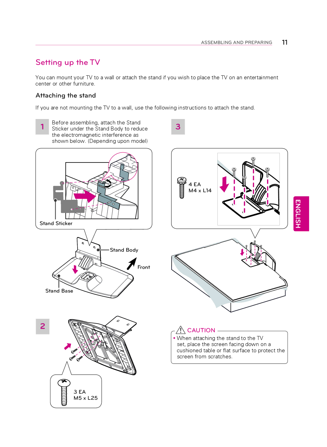 LG Electronics 60PB5600 owner manual Setting up the TV, Attaching the stand 