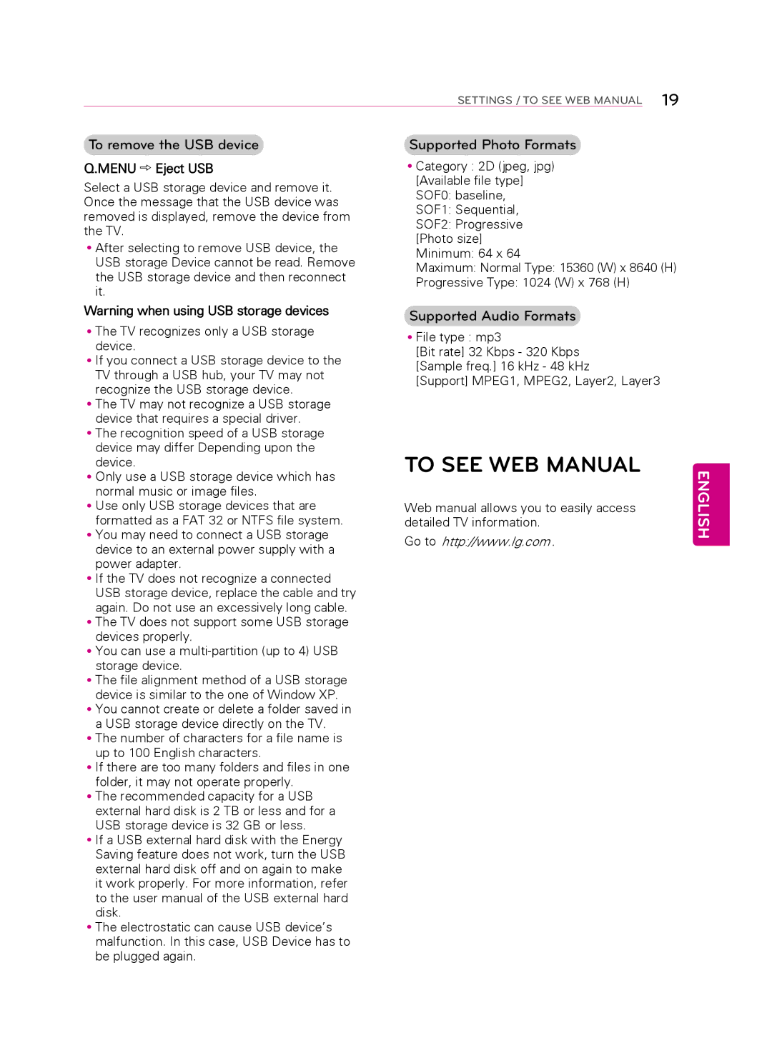 LG Electronics 60PB5600 owner manual To see WEB Manual, Supported Audio Formats, Menu Eject USB 