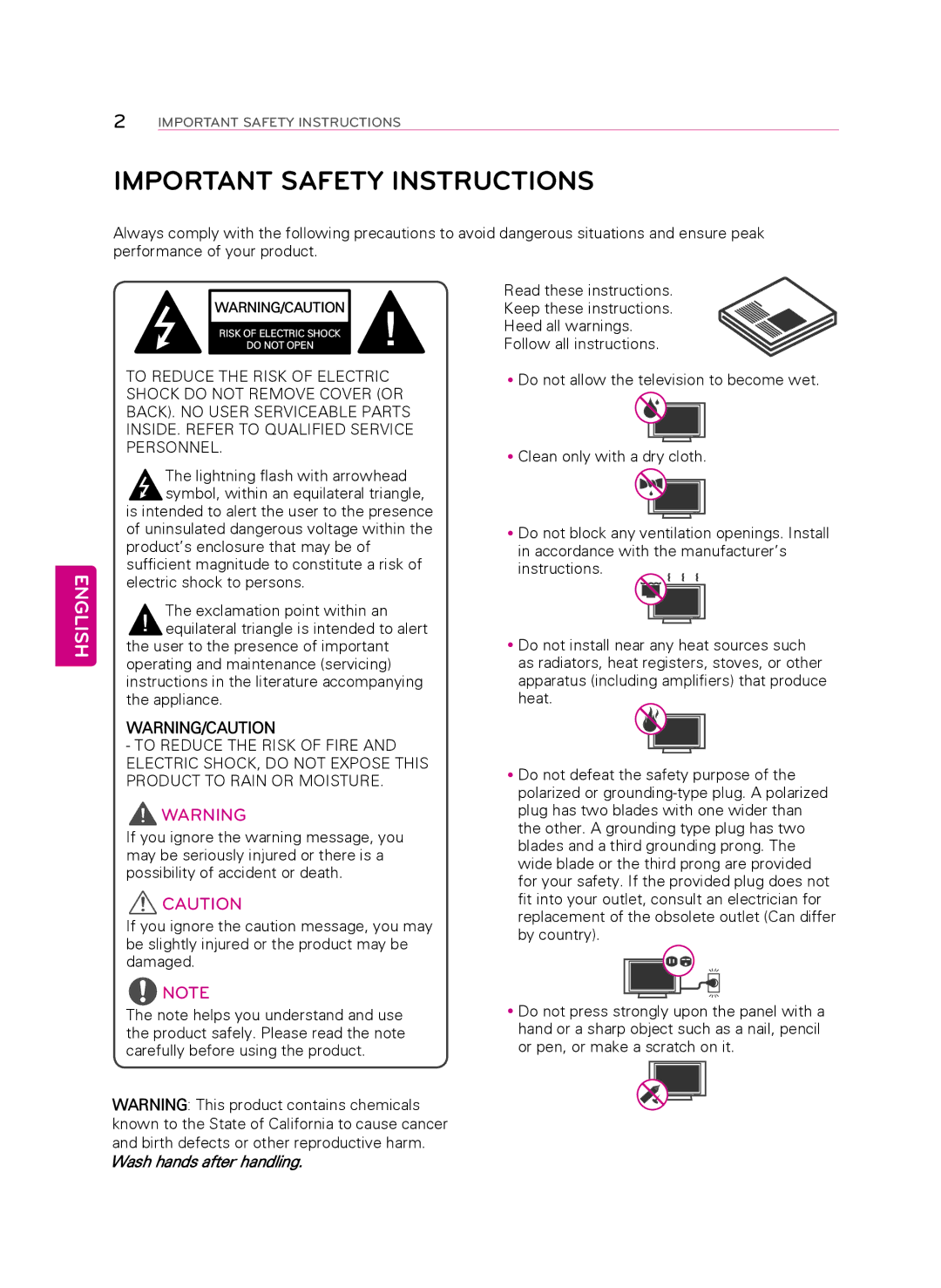 LG Electronics 60PB5600 owner manual Important Safety Instructions, English 