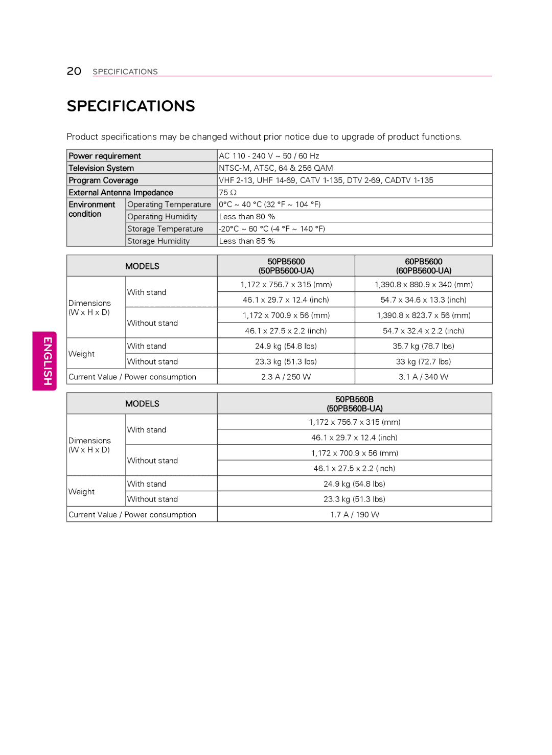 LG Electronics 60PB5600 owner manual Specifications 