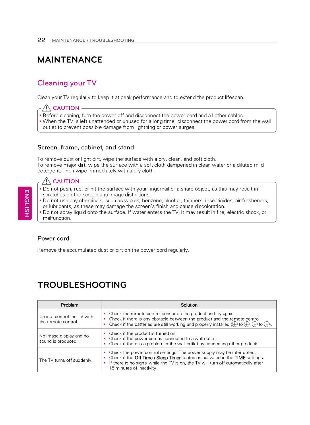 LG Electronics 60PB5600 Maintenance, Troubleshooting, Cleaning your TV, Screen, frame, cabinet, and stand, Power cord 