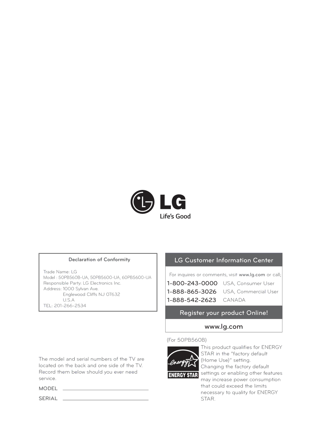 LG Electronics 60PB5600 owner manual Canada, Declaration of Conformity 