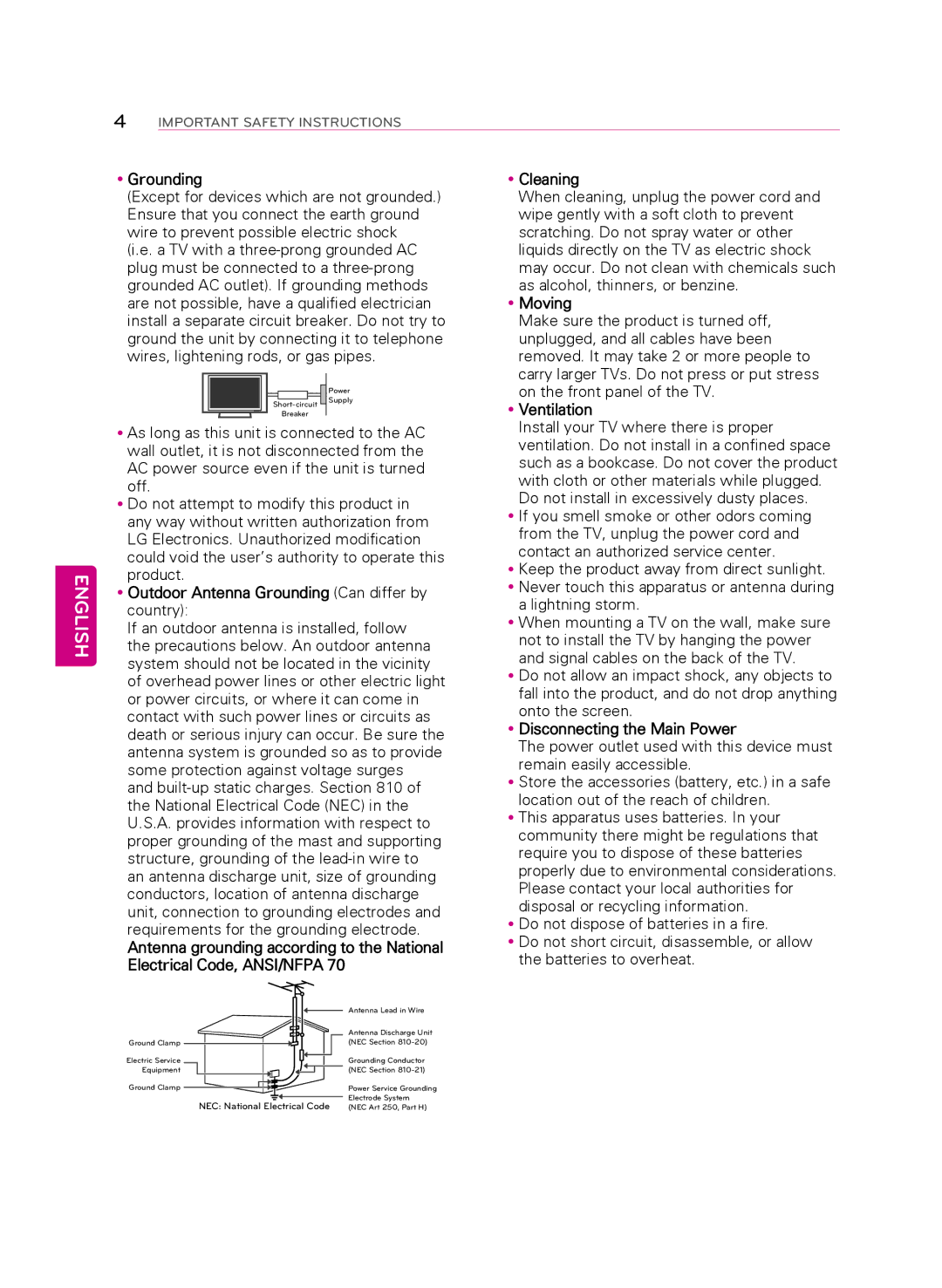 LG Electronics 60PB5600 YyGrounding, YyOutdoor Antenna Grounding Can differ by country, YyMoving, YyVentilation 