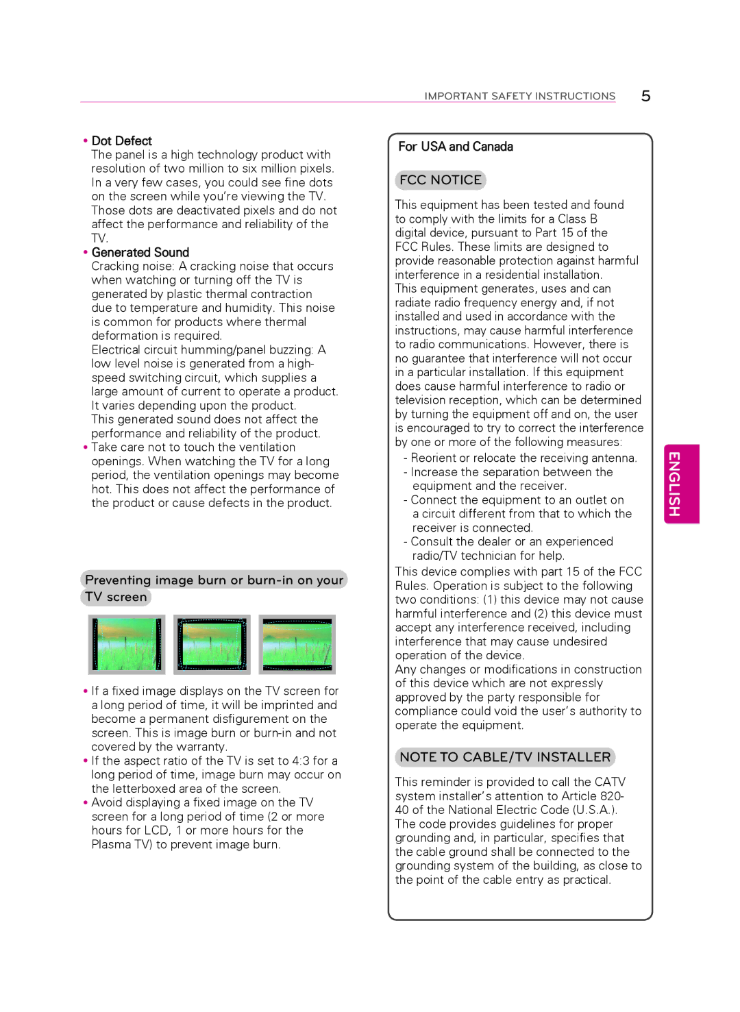 LG Electronics 60PB5600 owner manual TV screen, YyDot Defect For USA and Canada, YyGenerated Sound 