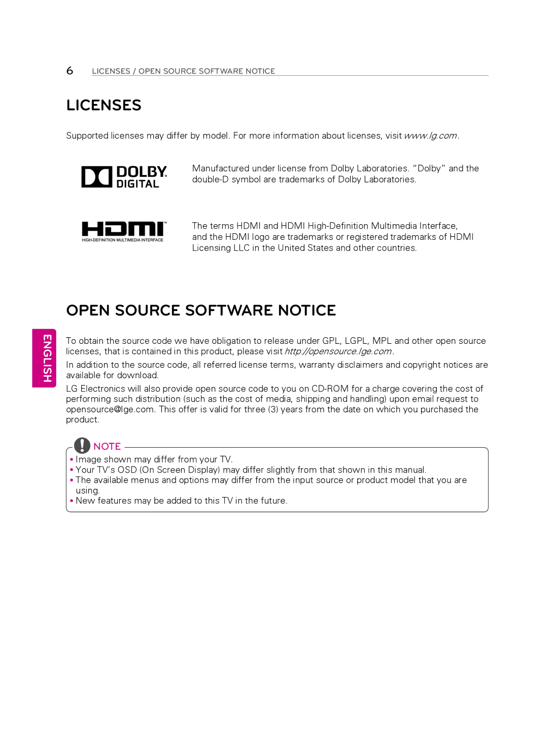 LG Electronics 60PB5600 owner manual Licenses, Open Source Software Notice 