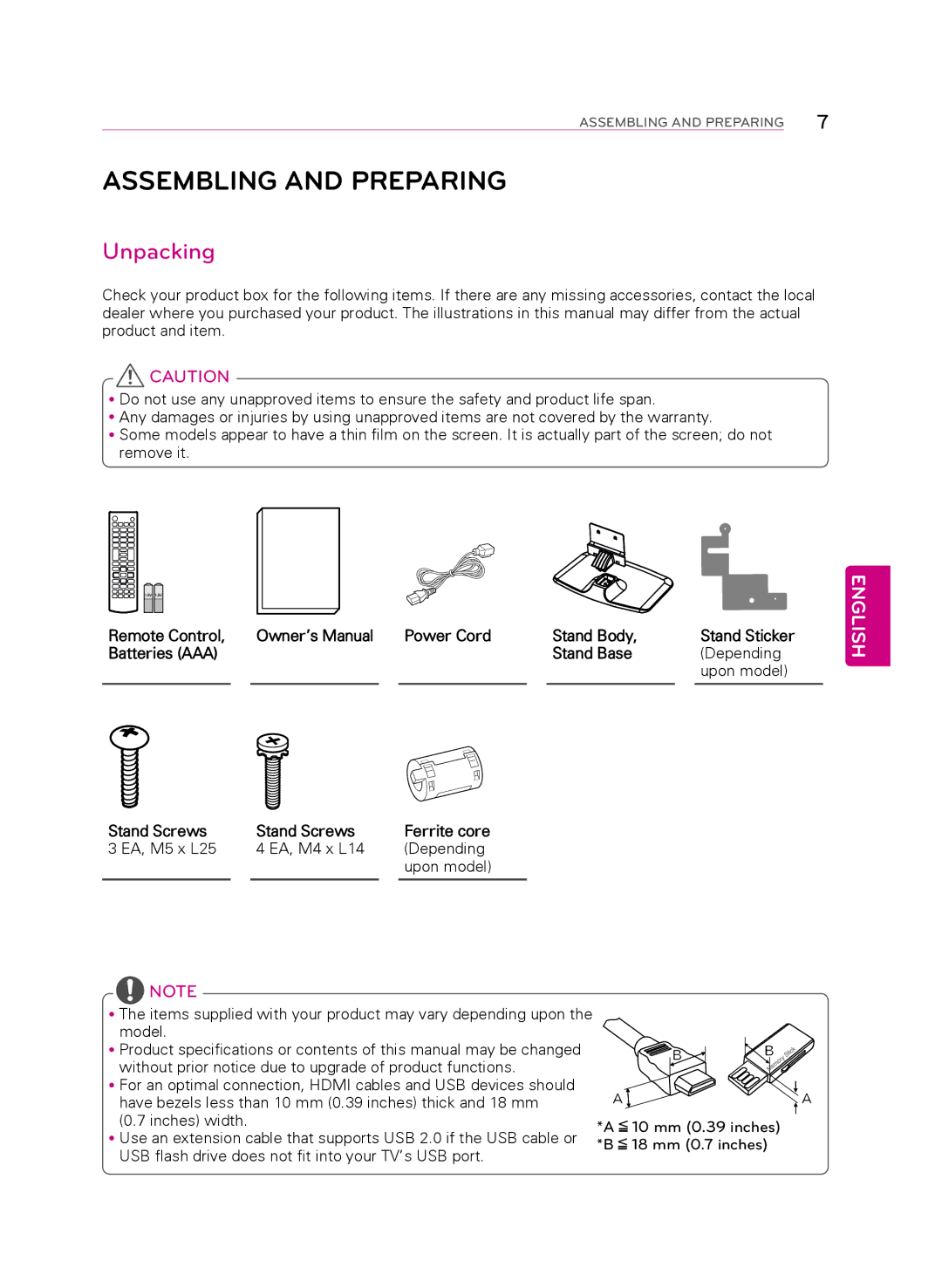 LG Electronics 60PB5600 owner manual Assembling and Preparing, Unpacking, Power Cord Stand Body Stand Sticker 