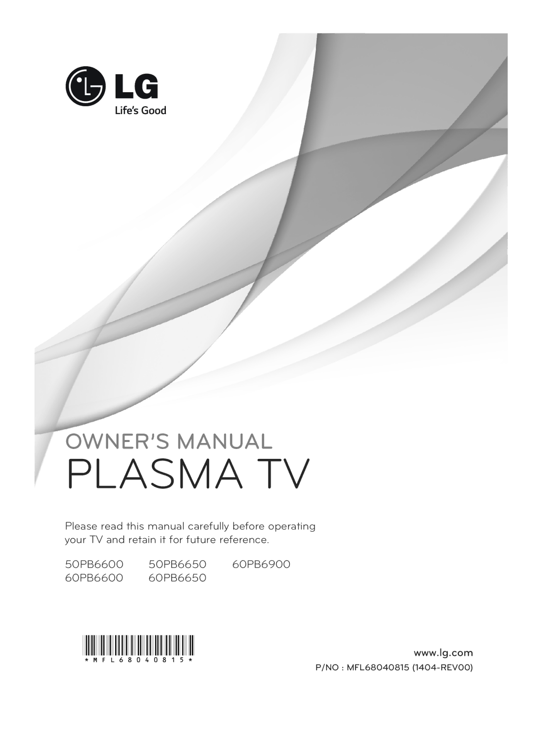 LG Electronics 60PB6650 owner manual Plasma TV 