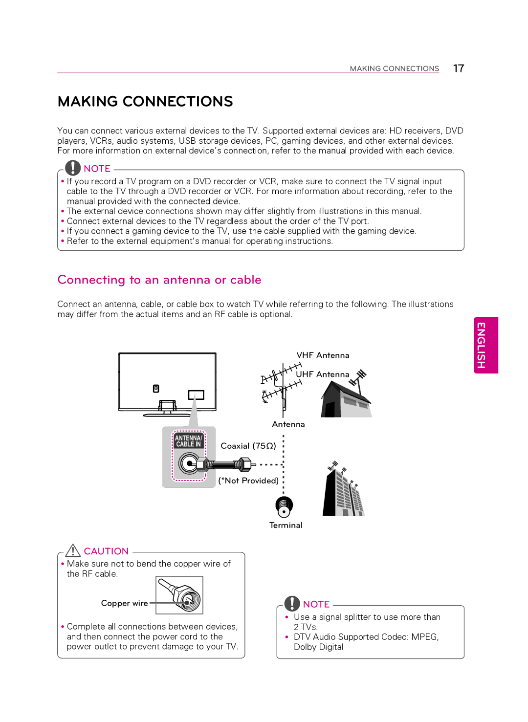 LG Electronics 60PB6650 owner manual Making Connections, Connecting to an antenna or cable 