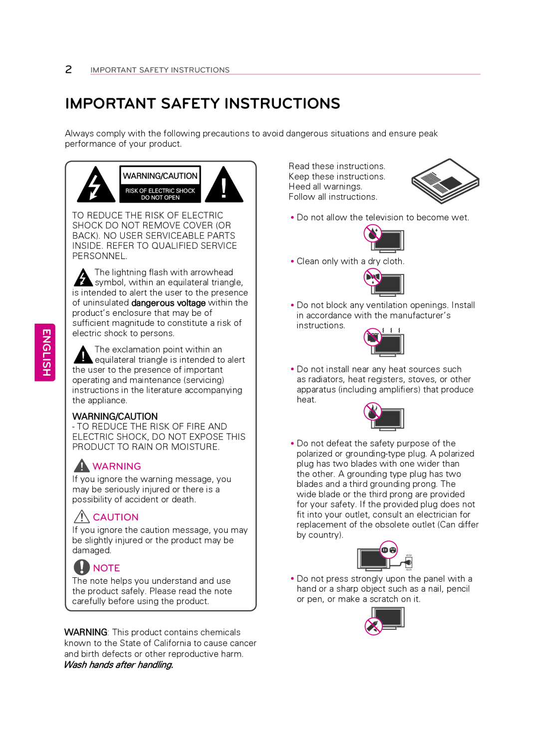 LG Electronics 60PB6650 owner manual Important Safety Instructions, English 