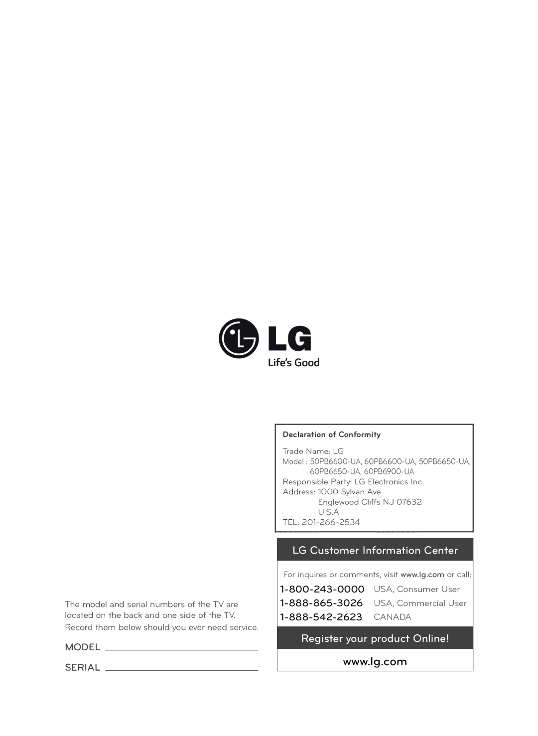 LG Electronics 60PB6650 owner manual LG Customer Information Center 