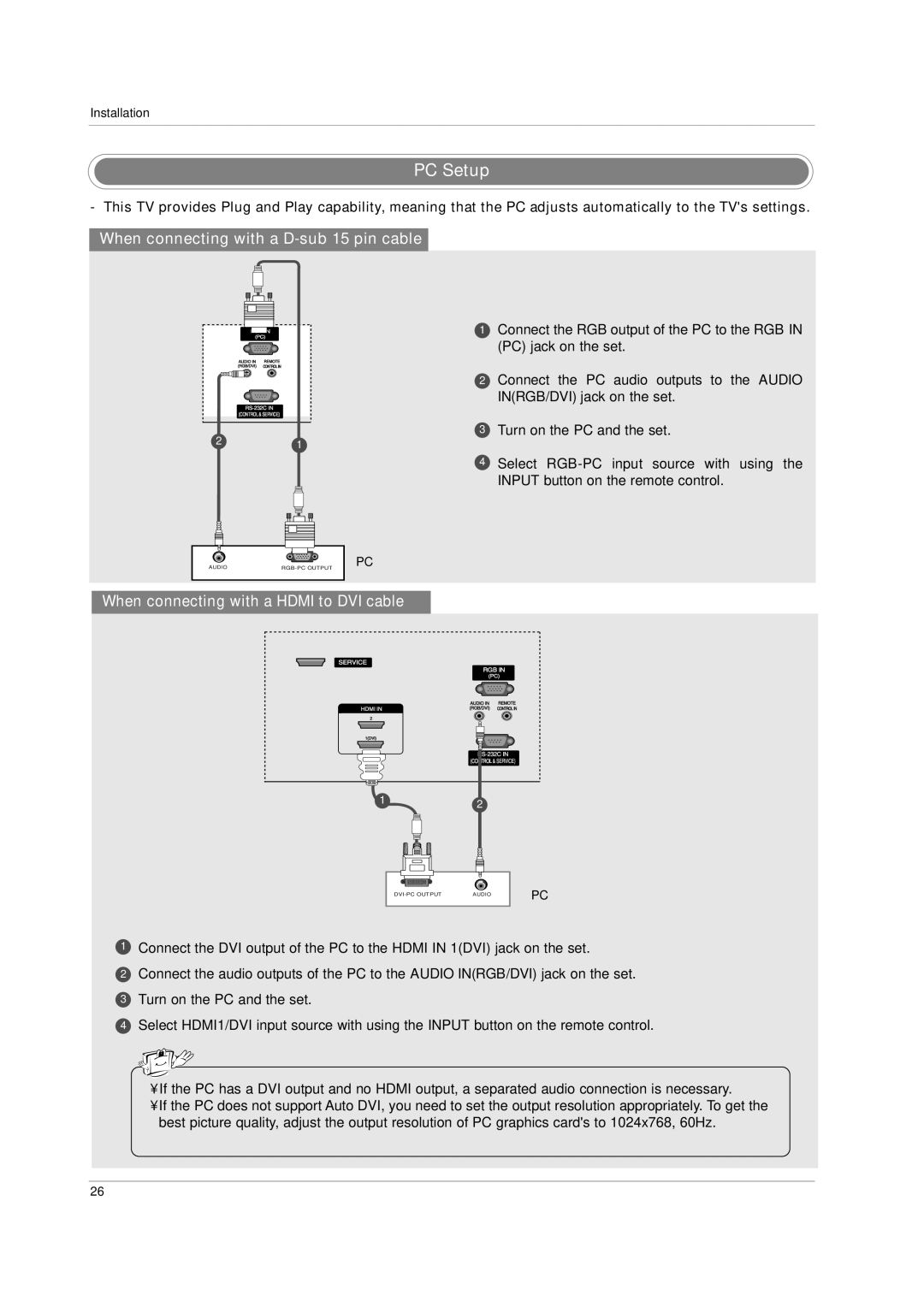 LG Electronics 60PC1D, 42PC3D owner manual PC Setup, When connecting with a D-sub 15 pin cable 