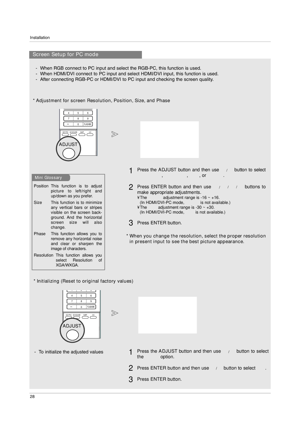 LG Electronics 60PC1D, 42PC3D Screen Setup for PC mode, Adjustment for screen Resolution, Position, Size, and Phase 