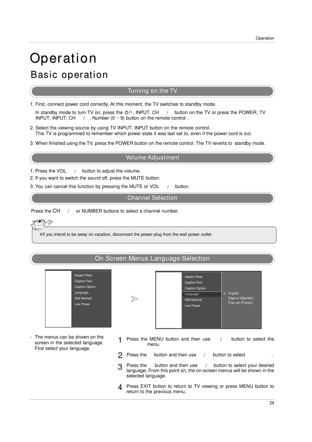 LG Electronics 42PC3D, 60PC1D Basic operation, On Screen Menus Language Selection, Turning on the TV, Volume Adjustment 