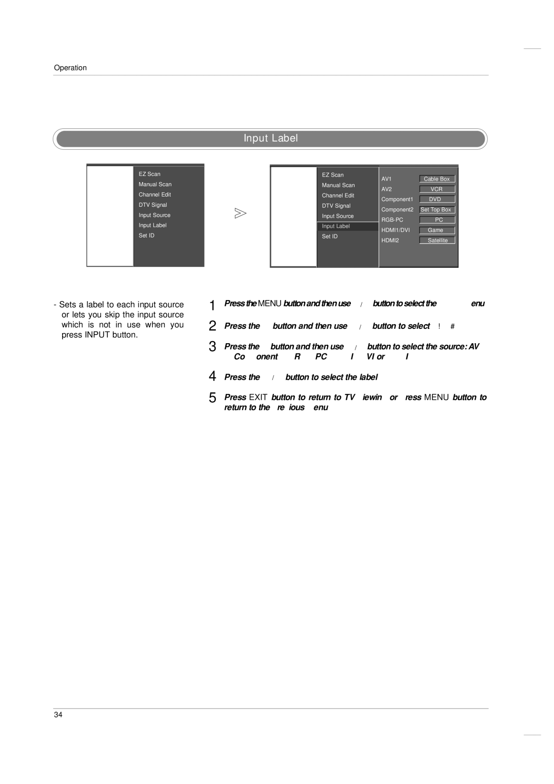 LG Electronics 60PC1D Input Label, Component1-2, RGB-PC, HDMI1/DVI or HDMI2, Press the F / G button to select the label 