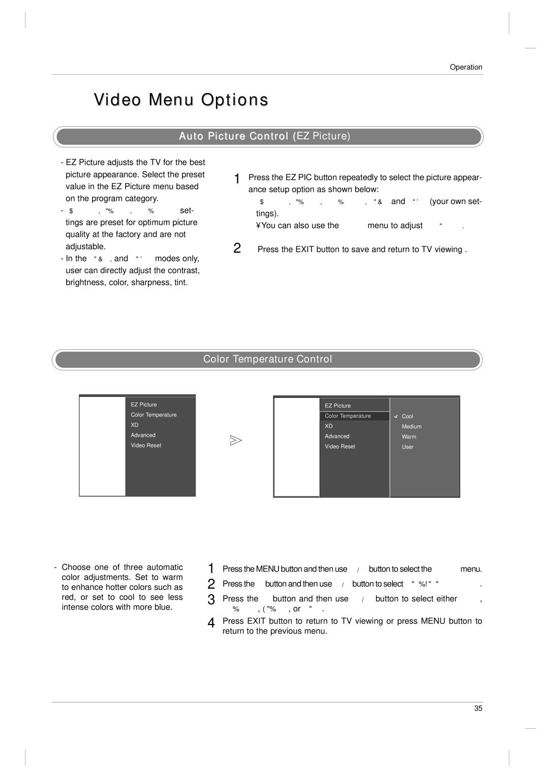 LG Electronics 42PC3D, 60PC1D owner manual Video Menu Options, Auto Picture Control EZ Picture, Color Temperature Control 