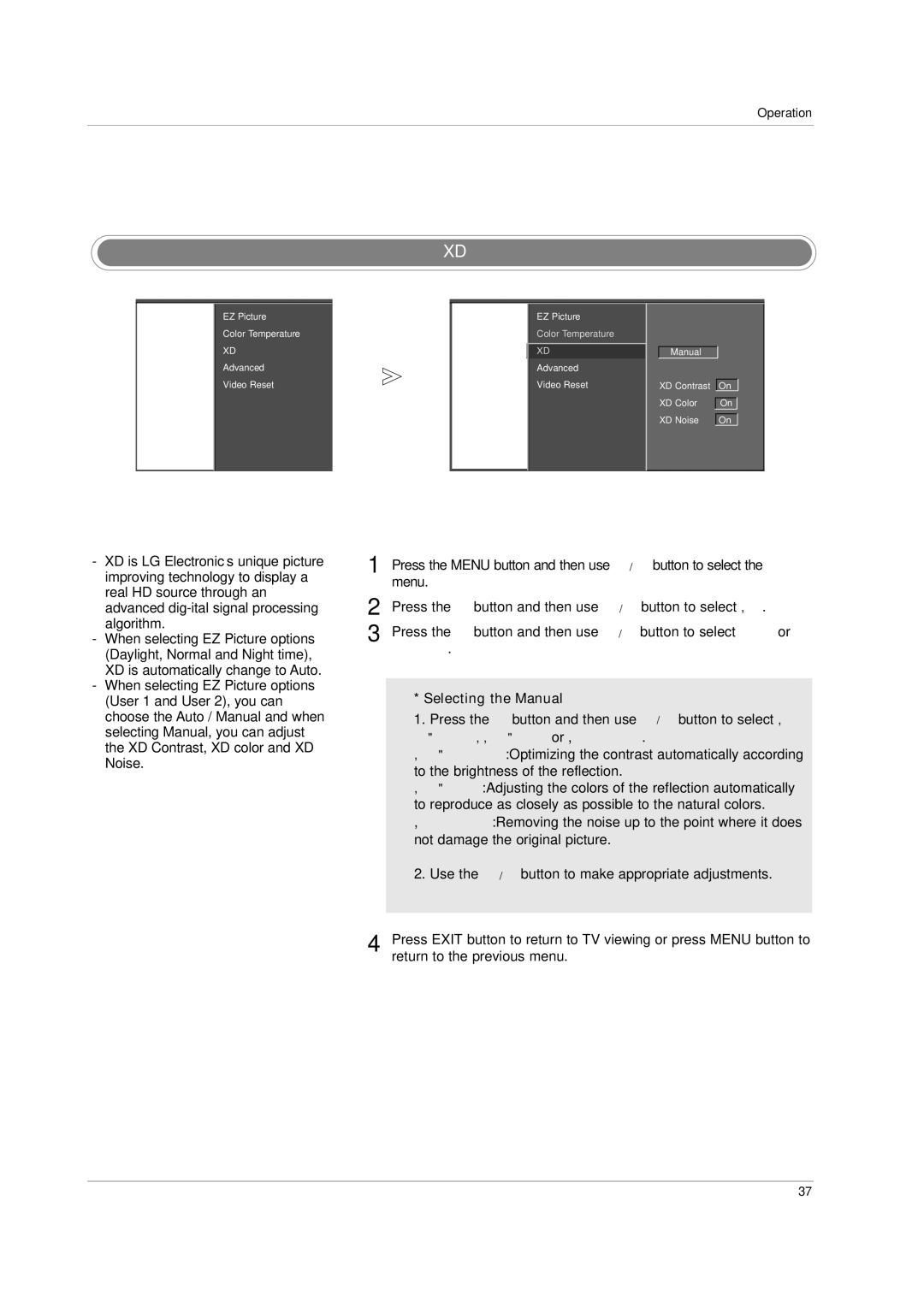 LG Electronics 42PC3D, 60PC1D Menu, Press the G button and then use D / E button to select XD, Selecting the Manual 