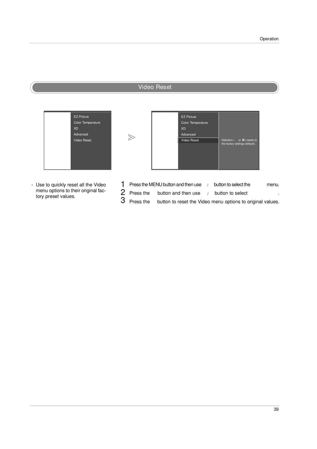 LG Electronics 42PC3D, 60PC1D owner manual Video Reset 